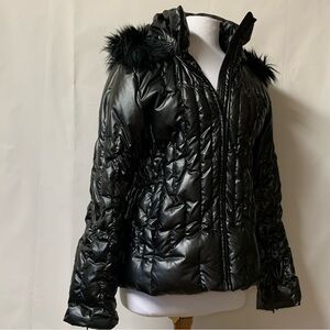 Womens Grey/Black Down Feather Puffer Ski Snow Shiny Jacket US L Faux Fur Trim